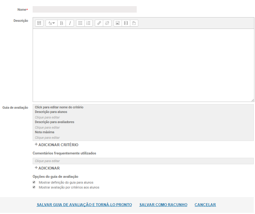 Atribua um Nome para esta avaliação e uma descrição (esta última é opcional).