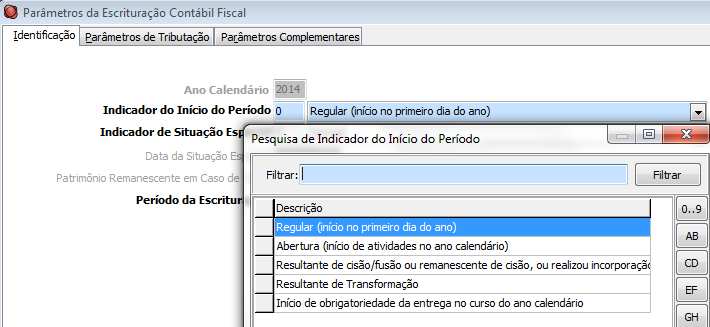 Informe os parâmetros da empresa para a geração da Escrituração Contábil Fiscal ECF IDENTIFICAÇÃO: Ano calendário: Preenchido automaticamente com o ano anterior a data atual da máquina, pode