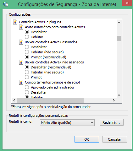 Além disso o navegador requer ter ativada a execução de arquivos ActiveX.