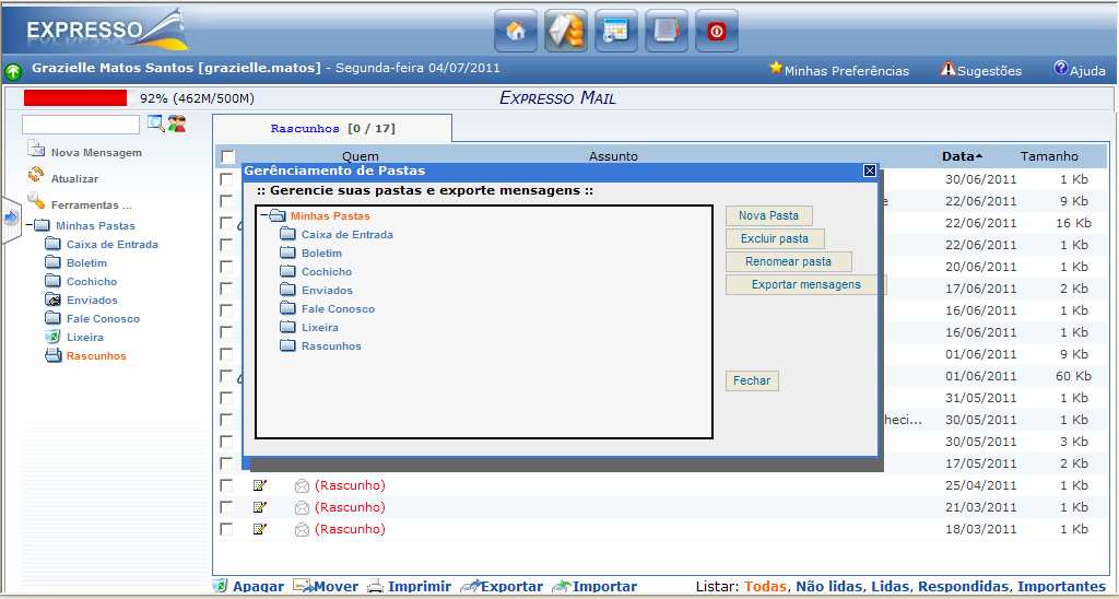 Figura 54 OBS: Utilizando o navegador FIREFOX a pasta exportada será enviada para onde estiver configurado no seu navegador: Em ferramentas > Opções da internet > Geral Figura 55 No Internet Explorer