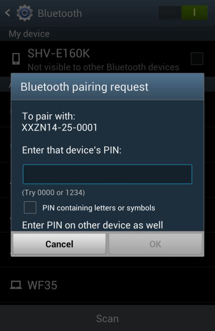 4) Quando a tela de registro de Bluetooth a seguir for exibida, digite a senha e