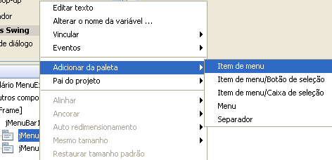 Para criar um menu no NetBeans. vá na janela Paleta e selecione o componente Barra de Menu. Logo depois dê um clique no design do seu aplicativo no local em que desejar.