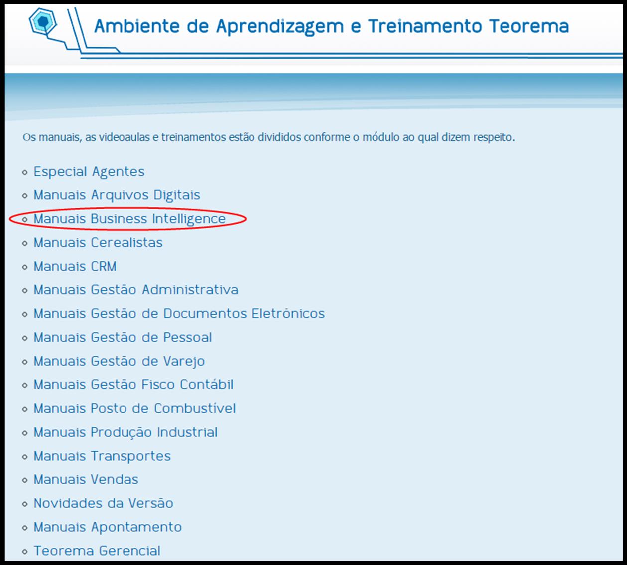 Figura 15 Ambiente de Aprendizagem e Treinamento Teorema. Todos os manuais, vídeos e instruções relativos ao módulo são elencados na página do módulo.