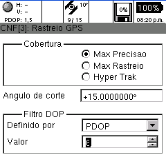 A configuração da medição possui 4 itens: GPS Coleta de dados Interfaces Unidades e Formatos Para acessar qualquer um dos itens basta posicionar o cursor e pressionar o botão Enter.