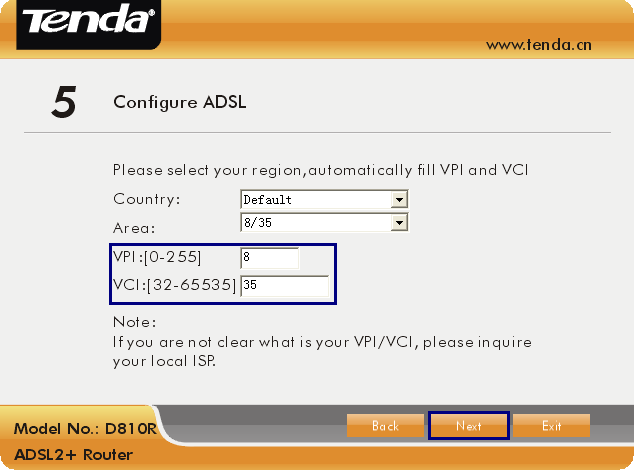 6. Na tela com passo 4, verifique se os leds do modem, tais como PWR, ADSL e LAN/USB estão funcionando corretamente. Clique no botão Next para continuar. 7.