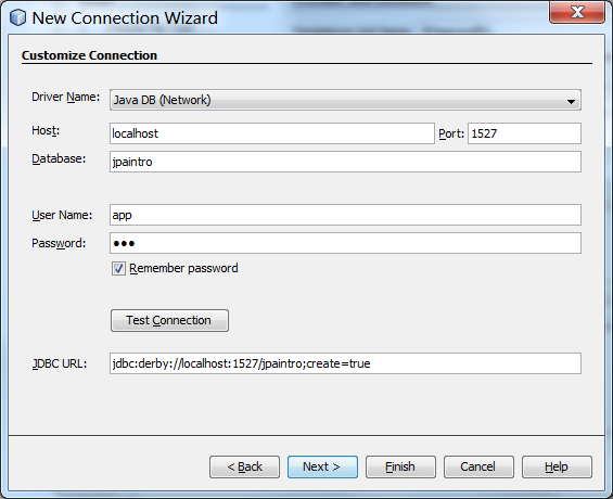 Como o JavaDB está na mesma máquina o Host é localhost, o porto de omissão do Java DB é o 1527 e queremos uma ligação a uma base de dados de nome jpaintro. Especificar um username e password.