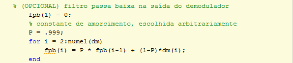 204/ A saída do demodulador pode ser vista com um comando plot e plot_fft. Ampliando o sinal é visível a presença da portadora no formato de ripple de frequência Fc.