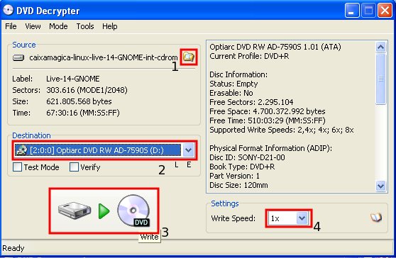 seleccione a opção Write (figura 3.3.). Figura 3.3. - Selecção do modo de escrita no DVD Decrypter Na janela seguinte (figura 3.4.) seleccione o ficheiro.