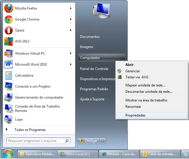 2.1.2 Windows 7 2.1.2.1 Clicar no menu Iniciar, depois com o botão direito do mouse em