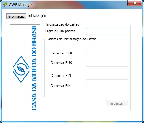 3.2 Inicializando o Cartão A inicialização do Cartão se dá digitando a senha de acesso mestre, chamada PUK, e cadastrando um novo PUK e uma senha PIN.