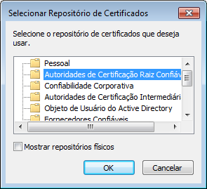 iv. Na próxima tela, marque onde deseja salvar o certificado em questão. Neste exemplo, por ser um certificado de AC Raiz, escolhe-se a pasta ACs Raiz Confiáveis.