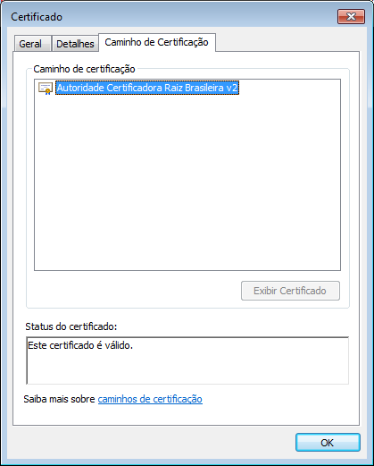 viii. Será exibida uma mensagem de confirmação. Clique em OK. ix. Após a instalação, feche o certificado e abra-o novamente.