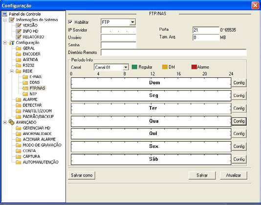 FTP/NAS A tela FTP/NAS será exibida conforme a figura a seguir: IP Servidor: digite o IP do servidor FTP. Porta: indique a porta de serviço.