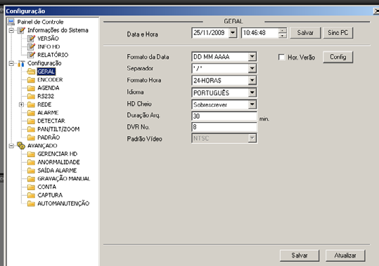 Geral A tela Geral será exibida conforme a figura a seguir: Geral Data e hora do dispositivo: clique em Sinc PC para sincronizar o DVR com o horário do computador. Em seguida, clique em Salvar.