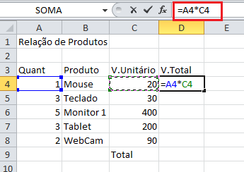 Observe que ao fazer o cálculo é colocado também na barra de fórmulas, e mesmo após pressionar ENTER, ao clicar sobre a célula onde está o resultado, você poderá ver como se chegou ao resultado pela