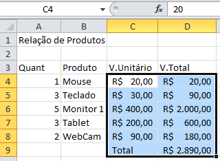 Vamos então formatar nossa planilha, inicialmente selecione todas as células de valores em moeda.