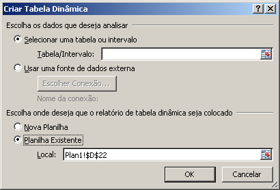 2º passo: Na guia Inserir, no grupo Tabelas, clique em Tabela Dinâmica. 3º passo: Surgirá a tela Criar Tabela Dinâmica. 4º passo: Defina a área de origem das informações.