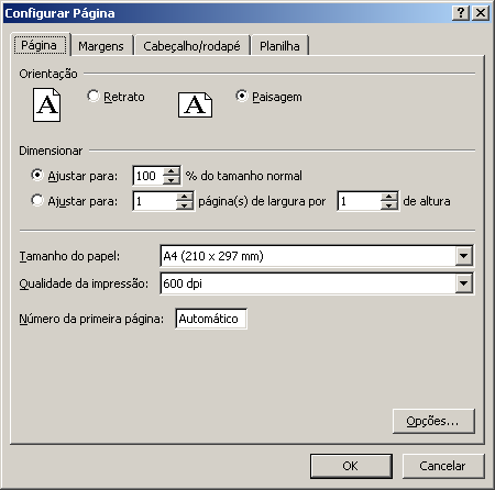 Para fazer alterações na configuração da página, incluindo orientação, tamanho do papel e margens, selecione as opções desejadas em Configurações.