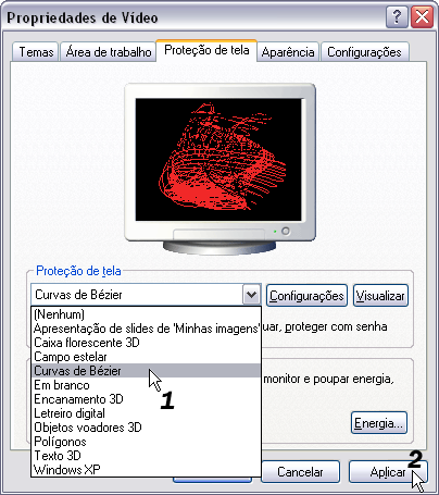 ABA TEMAS O Windows XP tem uma série de Temas, que modificam os aspectos ou interface do sistema, nesta tela (1 da figura), podemos alterar os temas do Windows XP, basta selecionar o tema desejado,