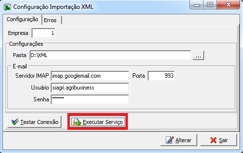 Porta: o valor para porta do servidor IMAP tanto do Bol quanto do Gmail é 993 ; Usuário: neste campo é informado o usuário do e-mail (Ex.: o e-mail é siagri.agribusiness@gmail.