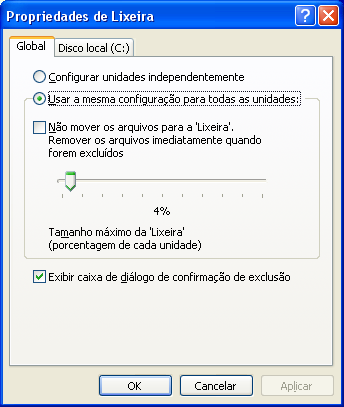 PROPRIEDADES DA LIXEIRA CLICAR COM DIREITO no ícone da Lixeira / Propriedades. CAPACIDADE DA LIXEIRA A capacidade padrão da Lixeira corresponde a 10% do Disco Rígido(HD).