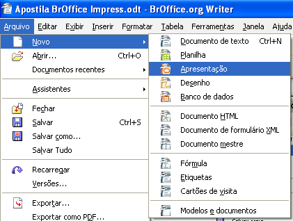 Barra de títulos Mostra o nome do aplicativo e os botões para minimizar, maximizar e restaurar Barra de Menus Apresenta os nomes dos menus de acesso às listas de comandos e funções dom BrOffice.
