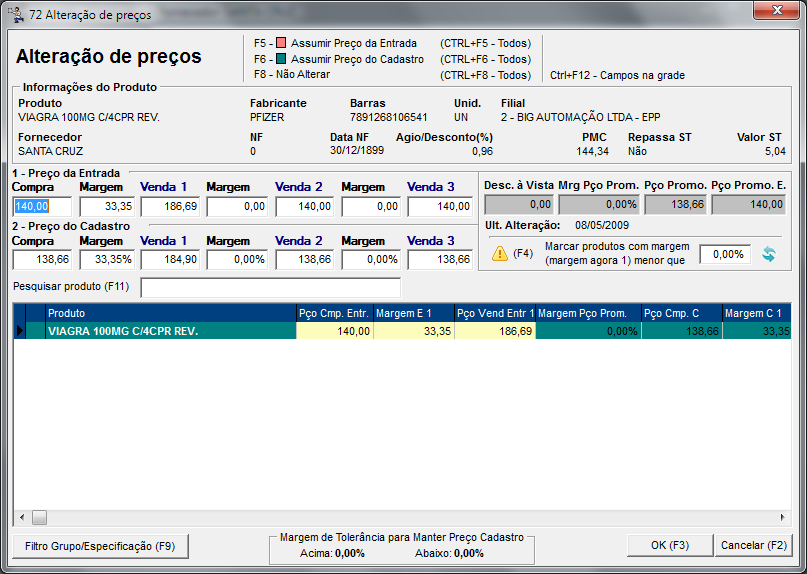 Figura 10 - Alteração de Preços (Preço de Entrada) Conforme a Figura 10 acima é possível Assumir o Preço da Entrada, marcando-se os itens com F5 ou CTRL + F5 ou ainda como mostra a Figura 11