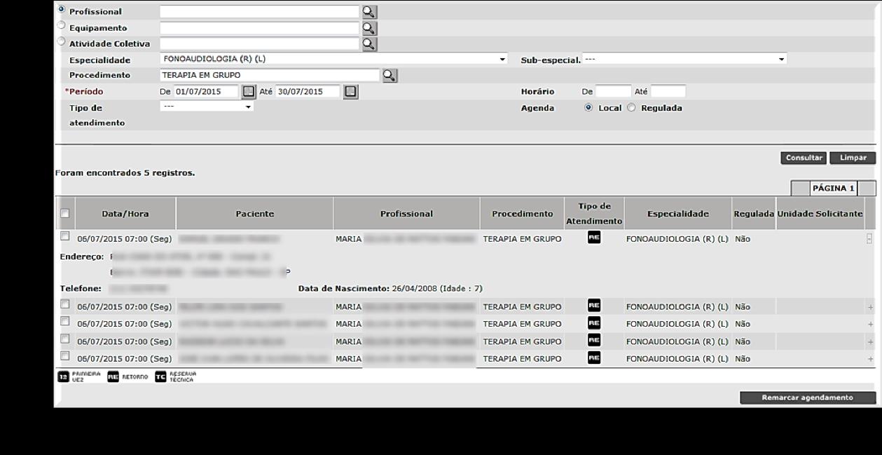 Acesse o menu: Agenda > Remarcação. Preencha os campos para filtrar o resultado da pesquisa, de acordo com o que deseja visualizar.