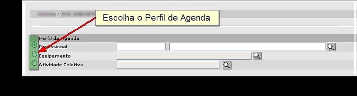 Perfil de Agenda Escolha o perfil da Agenda, de acordo com o tipo de vaga que deseja localizar, sabendo que: profissional para agendamento de consultas equipamento para agendamento de exames