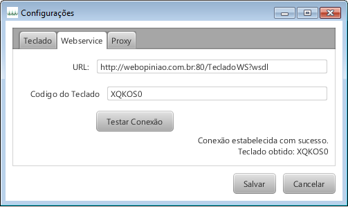 5.4. Aba WeService A aba Webservice fornece as opções necessárias para configurar o vincular o software do teclado com o serviço WebOpinião, verificando se há conexão entre os dois ou não.