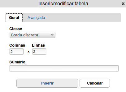 O botão permite trabalhar com tabelas. Ao clicar, o site exibe um formulário de configuração.