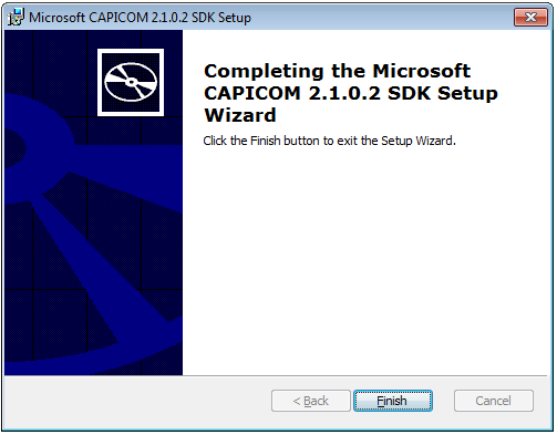 Aguarde o progresso da instalação: Clique no botão Finish: Depois de instalado o Capicom, navegue até: C:\Program Files (x86)\microsoft CAPICOM 2.1.0.