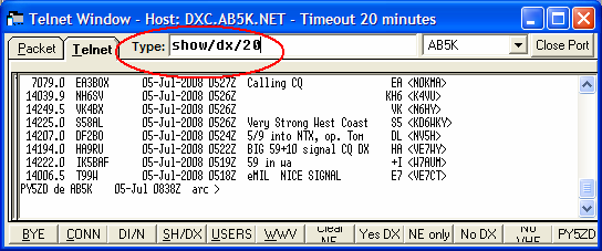 DX Cluster através de TELNET Selecione a aba Telnet da janela Telnet Window e esteja certo de que seu computador tem acesso a Internet.