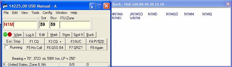 O registro é então inserido na janela de log. Conforme se digita o indicativo, na janela Check aparecerão todos os possíveis indicativos como referência para o QSO.