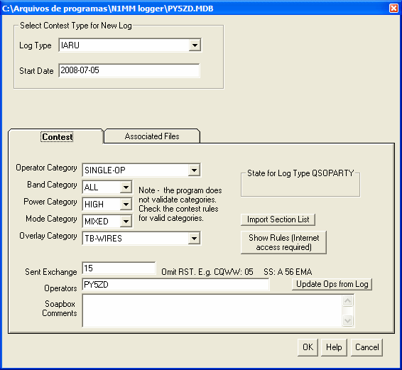 Criando um novo log de conteste No menu File da janela selecione New log in database. Observe o banco de dados que o N1MM está selecionando.