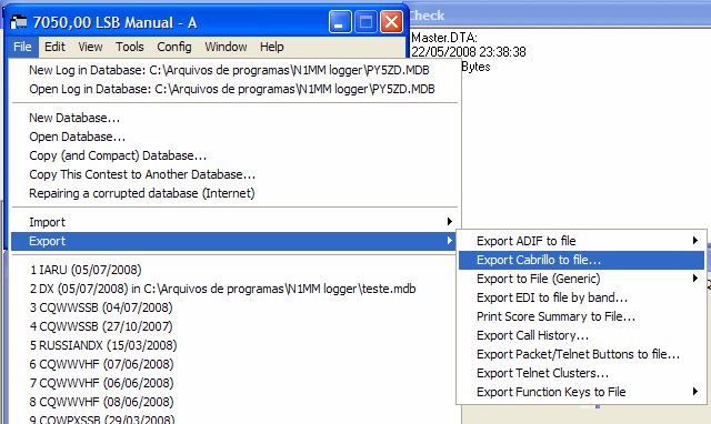 Exportando log Ao encerrar o conteste utilize o menu Files / Exportar para exportar seu log em um dos formatos existentes. Opção de menu para exportar com o formato Cabrillo.