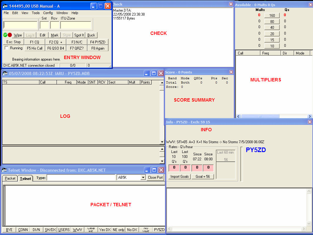 As principais para a operação do N1MM são as seguintes: - Available Mult s & Q s - Check - Entry Window - Info - Log -
