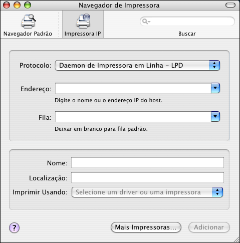 CONFIGURAÇÃO DA IMPRESSÃO NO MAC OS X 17 PARA ADICIONAR UMA IMPRESSORA COM A CONEXÃO IMPRESSORA IP 1 Clique em Impressora IP na caixa de diálogo Navegador de impressora.