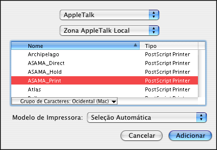 CONFIGURAÇÃO DA IMPRESSÃO NO MAC OS X 12 4 No navegador padrão, escolha o nome do EX Print Server com o tipo de conexão AppleTalk na lista Nome da impressora.