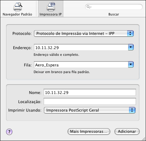 CONFIGURAÇÃO DA IMPRESSÃO NO MAC OS X 13 Para impressão LPD/LPR, escolha Daemon de impressora em linha LPD, digite o endereço IP ou o nome DNS da impressora no campo Endereço e a conexão de impressão