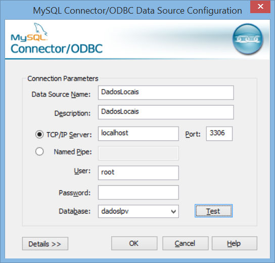 Criação da Conexão ODBC Preencha o diálogo de configuração da nova