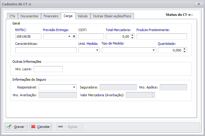 Nesta Aba estarão as informações gerais referents a Carga transportada juntamente com as informações do Seguro.