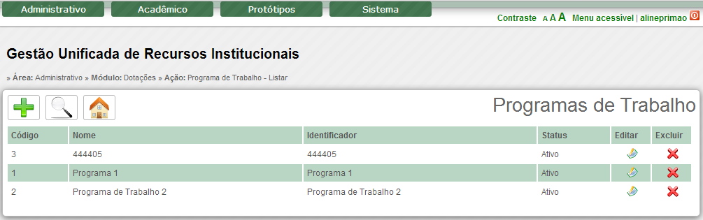 Imagem 6 Cadastro de Programas de Trabalho. salvar ( Insira Número, Nome e Observação, selecionar Status (ativo/inativo). Clicar em ) no canto inferior direito.