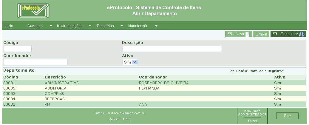 -Cadastro de Departamento Para acessar o cadastro de departamento clique em menu > Cadastro > Departamento.