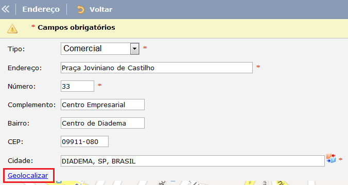 Com a cidade localizada clique na opção Retornar o registro para outra tela, assim a cidade é preenchida na tela de cadastro.