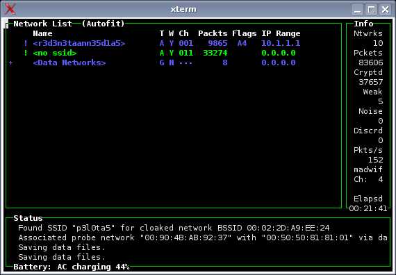 Kismet Características Age como um programa terminal, mas com aparência de GUI (biblioteca ncurses).