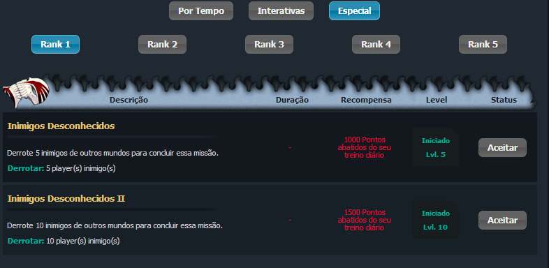 Pág. 07 Missões Especiais São missões onde é necessário derrotar inimigos (PVP) no jogo, ou seja, é necessário derrotar outros players em outros mundos, e assim conseguir abatimento nos treinos
