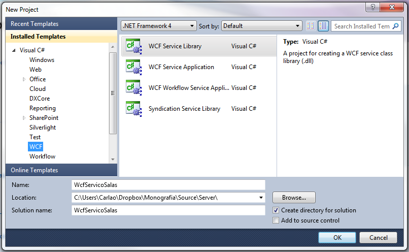 Após a modelagem do sistema iniciou a implementação do serviço, que foi desenvolvido utilizando a IDE Microsoft Visual Studio 2010. O primeiro passo foi criar um projeto WCF conforme Figura 11.