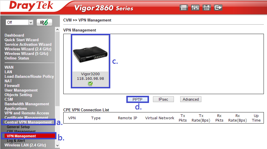 8- Agora completamos as configurações do CPE e CVM. Vamos tentar estabelecer uma conexão VPN entre os equipamentos. a. Clique em Central VPN Management b.