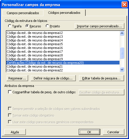 130 2 Após abrir o Modelo Global da Empresa, acione o menu Ferramentas / Personalizar / Campos da Empresa; 3 Em seguida acione a guia Códigos Personalizados; Global 11 OBS: Os campos MV (Multi-value)